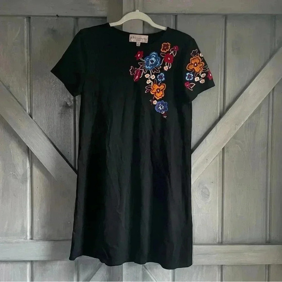 Philosophy‎ Black Floral Embroidered Shift Dress casual art to wear artsy - Picture 1 of 4